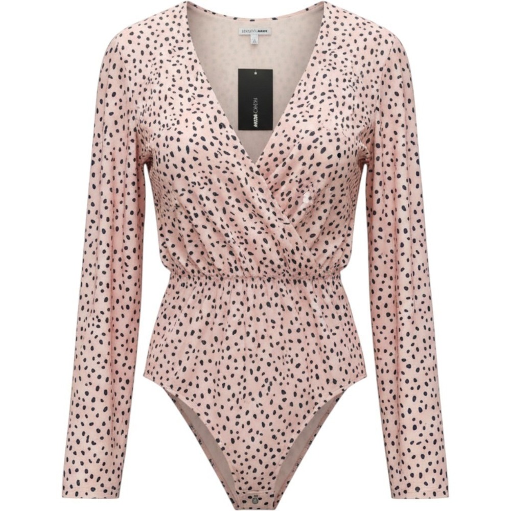Fashion Nova Bodysuit Womens Large Pink Dalmatian Print NWT Long Sleeve V-Neck
